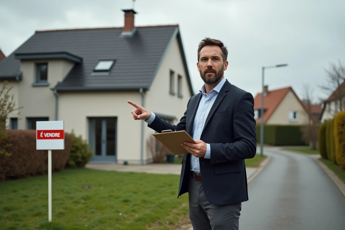 Agent immobilier devant une maison à vendre en Loire-Atlantique avec panneau de vente dans le jardin