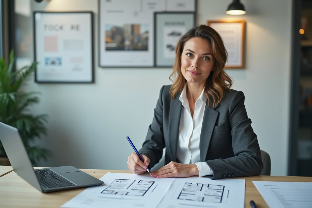 Agent immobilier présentant les différences de plan entre un T1 et un T1bis dans une agence immobilière moderne