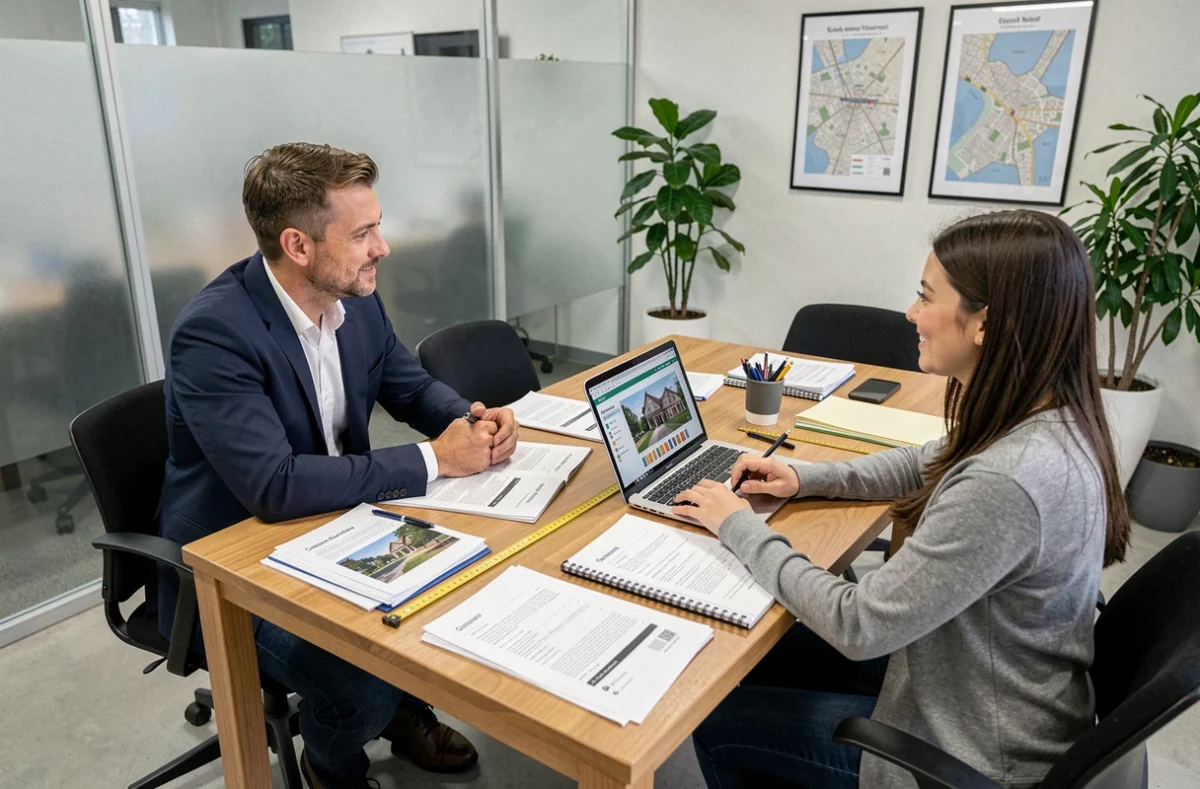 Agent immobilier présentant les caractéristiques d'un studio à un couple d'acheteurs dans une agence moderne