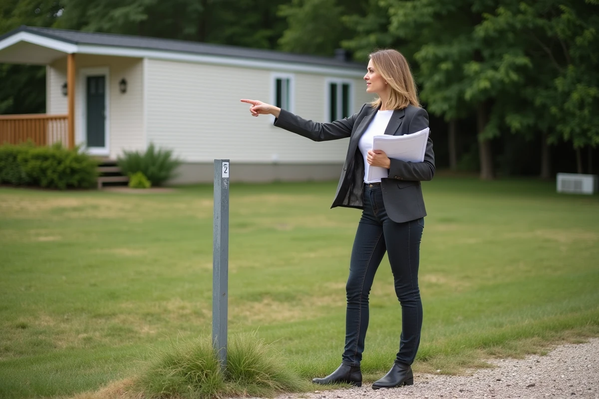 Agent immobilier présentant les plans d'une parcelle de terrain avec un mobil home en arrière-plan