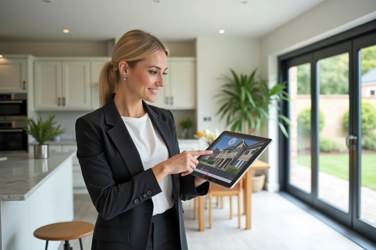 Agent immobilier consultant une visite virtuelle 360 sur tablette dans une cuisine moderne