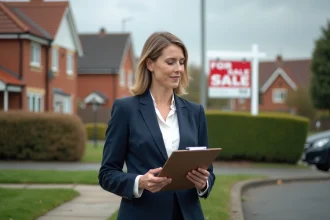 Agente immobilière de proximité devant une maison à vendre dans un quartier résidentiel