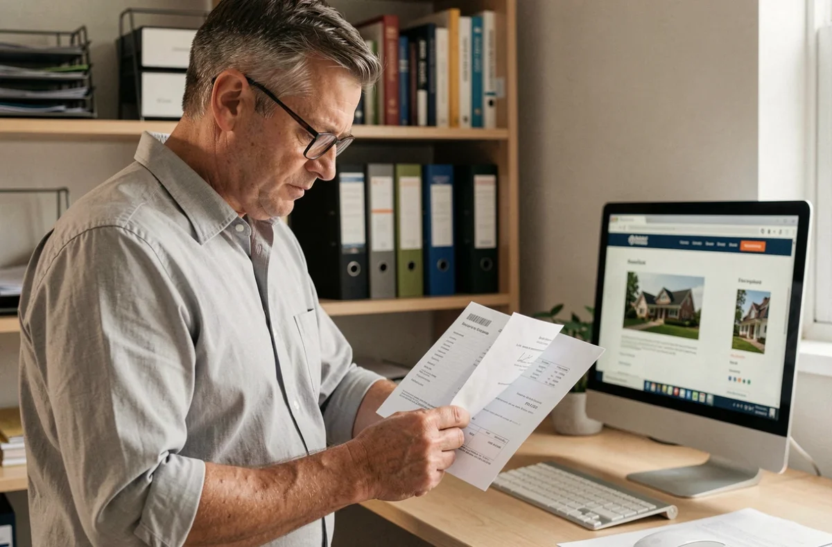 Homme analysant un reçu d'acompte immobilier et un relevé bancaire pour évaluer ses recours après la liquidation d'un promoteur