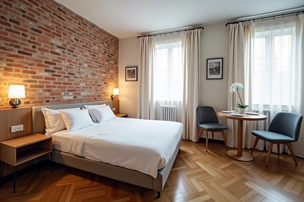 Appartement meublé prêt à louer avec parquet, literie blanche et cuisine ouverte