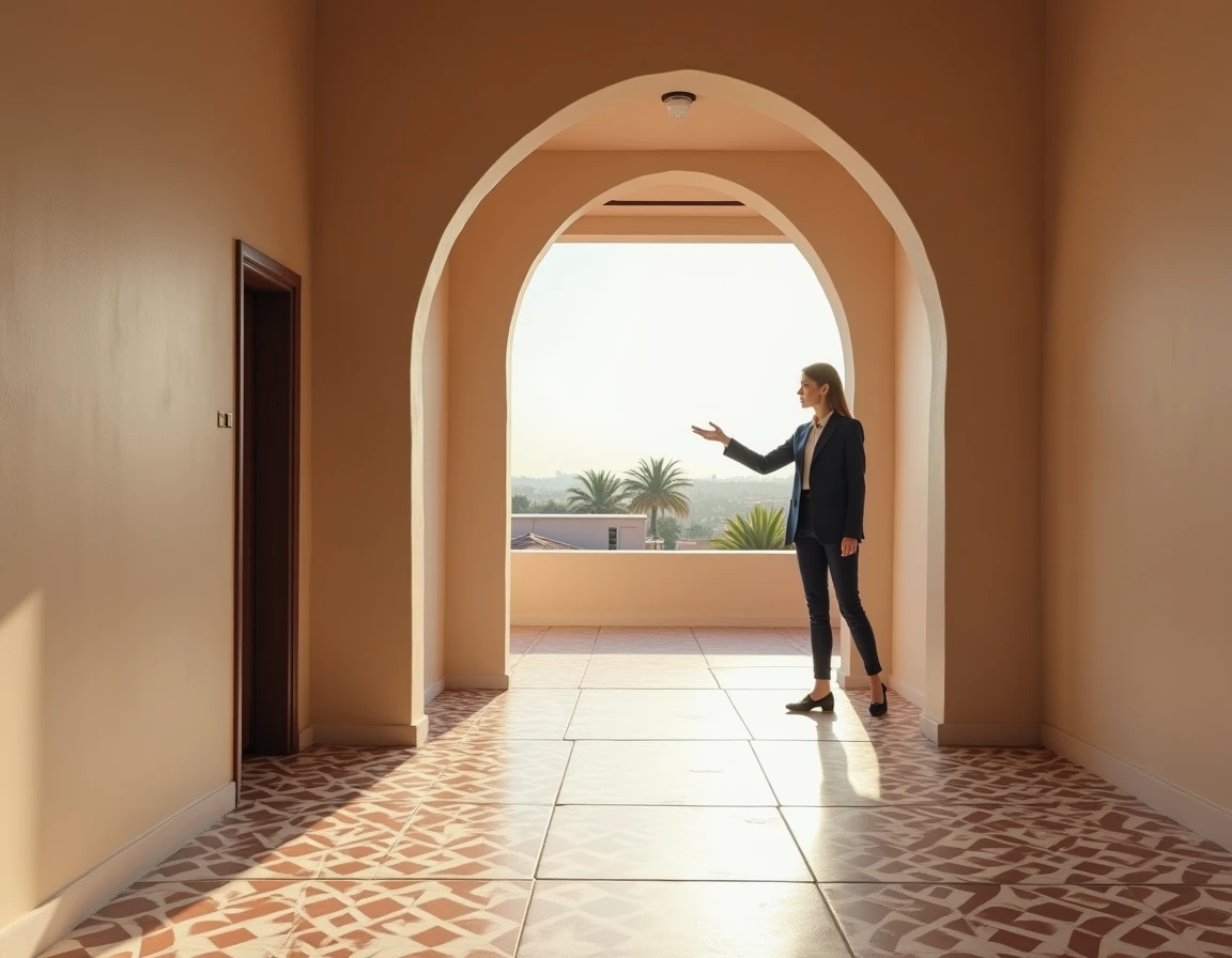 Agent immobilier présentant un appartement rénové à vendre à Marrakech avec sol en zellige