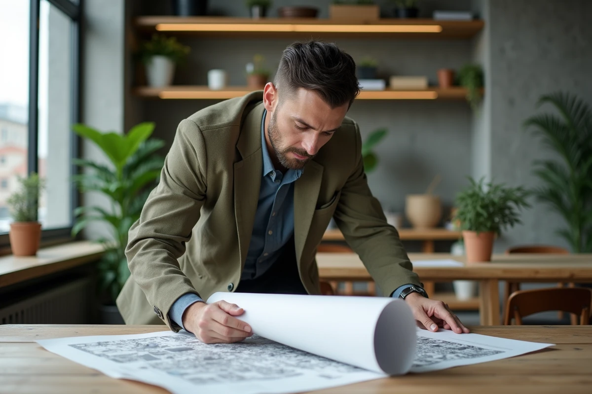 Architecte examinant un plan de développement immobilier durable dans un bureau éco-certifié