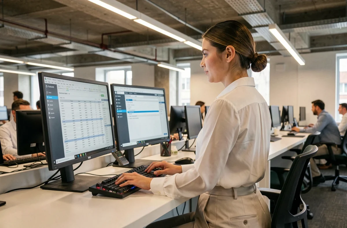 Assistante notariale travaillant sur un logiciel de gestion juridique dans un espace de travail moderne