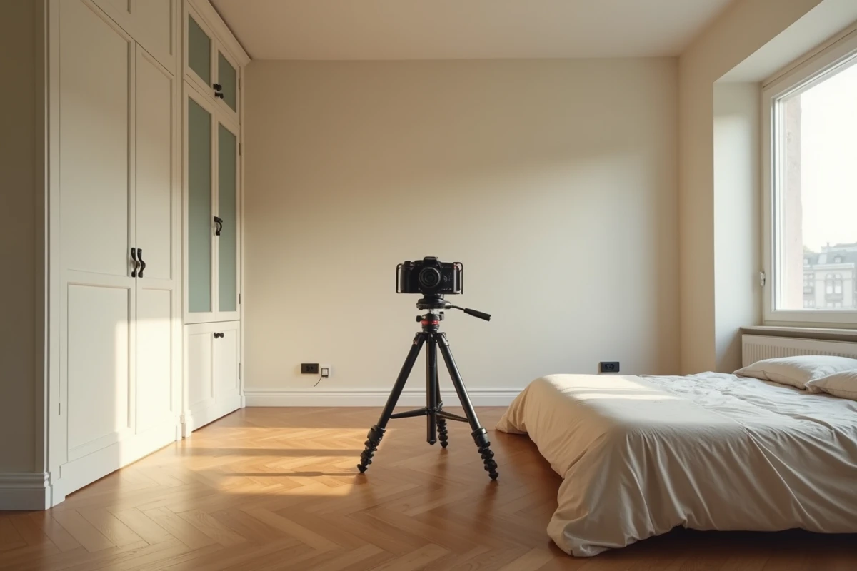 Caméra 360 sur trépied professionnel prête à filmer une chambre vide pour visite virtuelle immobilière