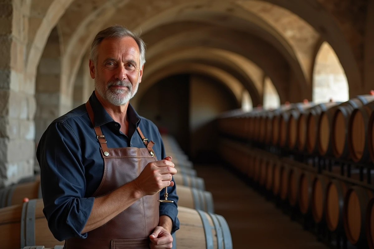 Maître de chai dans une cave voûtée en pierre d'un domaine bordelais, rangées de fûts de chêne et prélèvement d'un échantillon de vin rouge