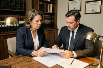 Femme consultant un notaire dans un bureau formel avec des documents juridiques sur le bureau