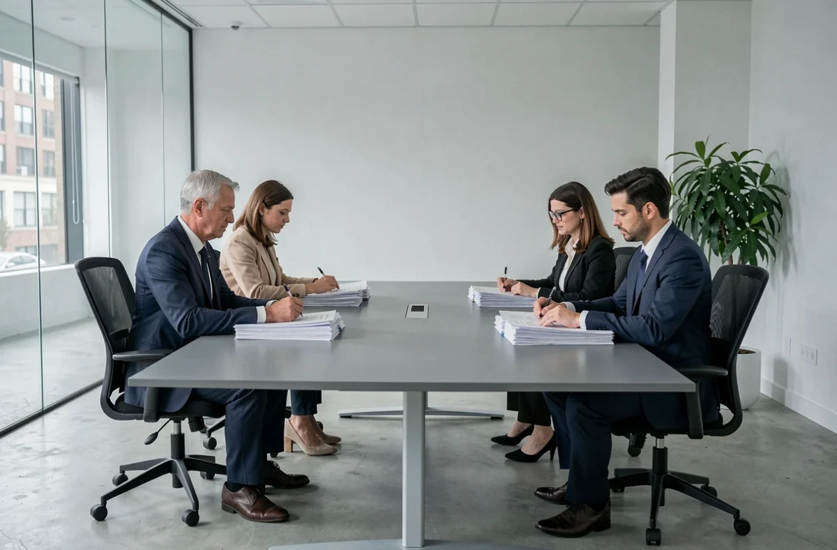 Couple en instance de divorce assis de part et d'autre d'une table de réunion chez un notaire