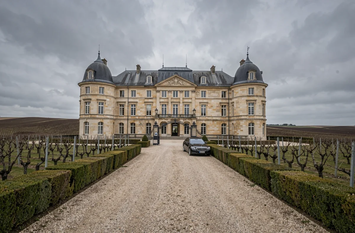 Château viticole bordelais avec allée de gravier et vignes en arrière-plan pour acquisition prestige