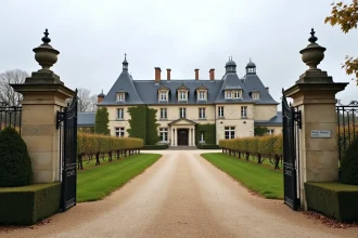 Château viticole bordelais du XIXe siècle entouré de rangées de vignes en automne, façade en pierre calcaire avec allée de gravier et portail en fer forgé