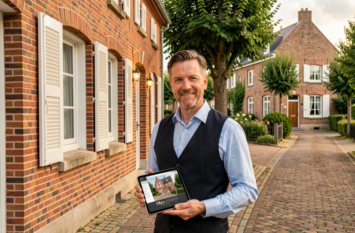 Agent Citya Nord de France devant une maison en briques typique du Nord-Pas-de-Calais tenant une tablette avec des photos de propriété