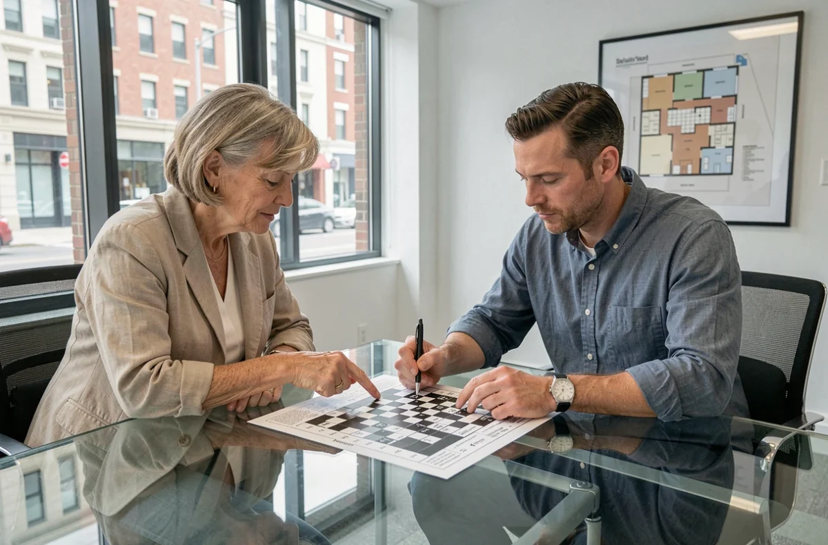Deux collègues collaborant sur une grille de mots croisés liée à la loi Duflot dans une agence immobilière