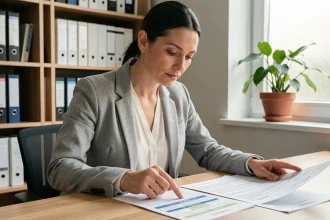 Femme comparant des offres d'assurance loyer impayé sur des documents imprimés dans un bureau à domicile moderne