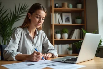Femme comparant des annonces immobilières en ligne sur ordinateur portable avec des documents papier, évaluant les services LOC, LeBonCoin et PAP