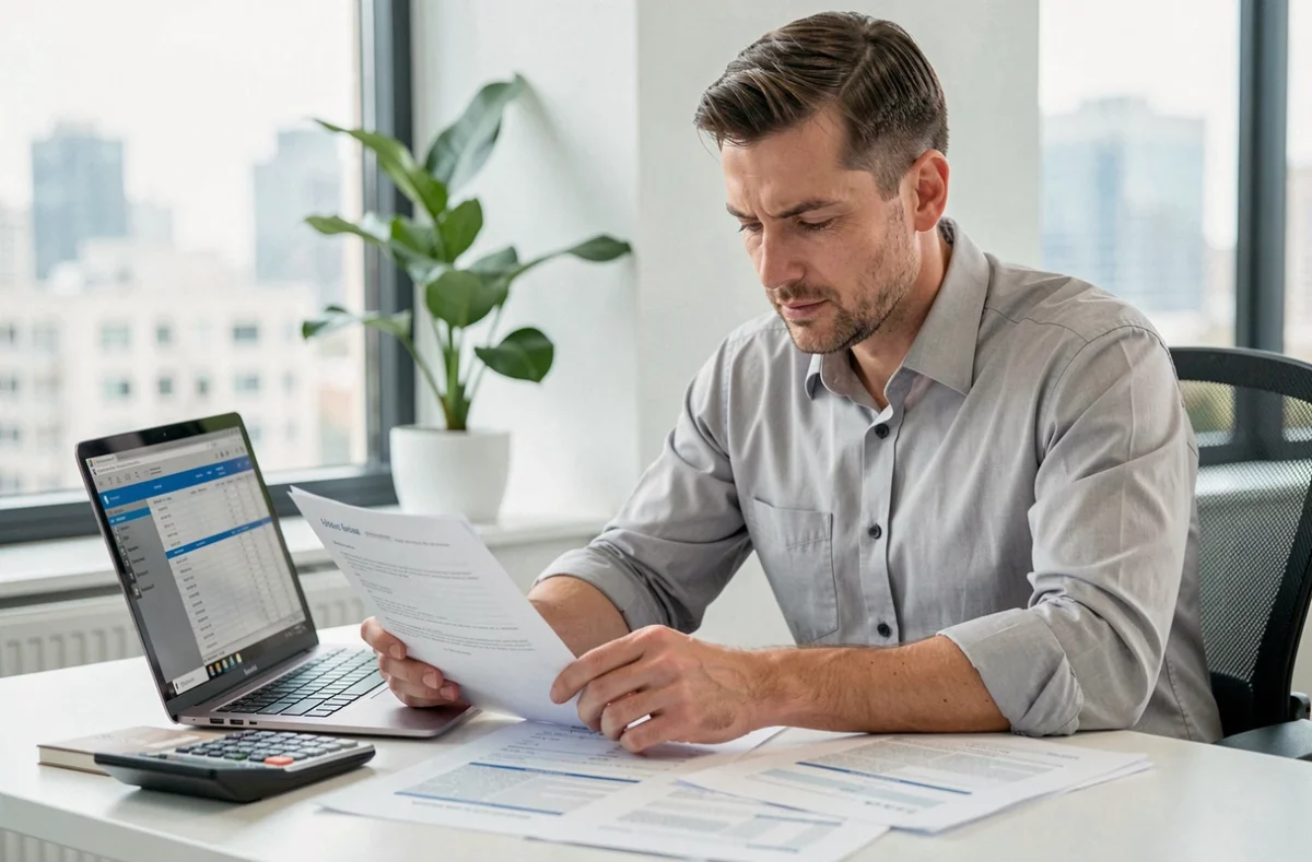 Conseiller fiscal analysant les calculs de plus-value immobilière pour optimiser la fiscalité d'une vente de terrain