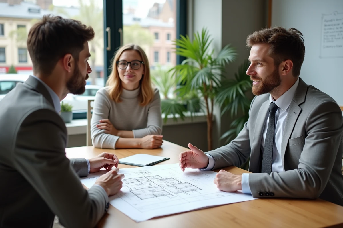 Conseiller immobilier expliquant un plan de logement à un couple dans une agence moderne