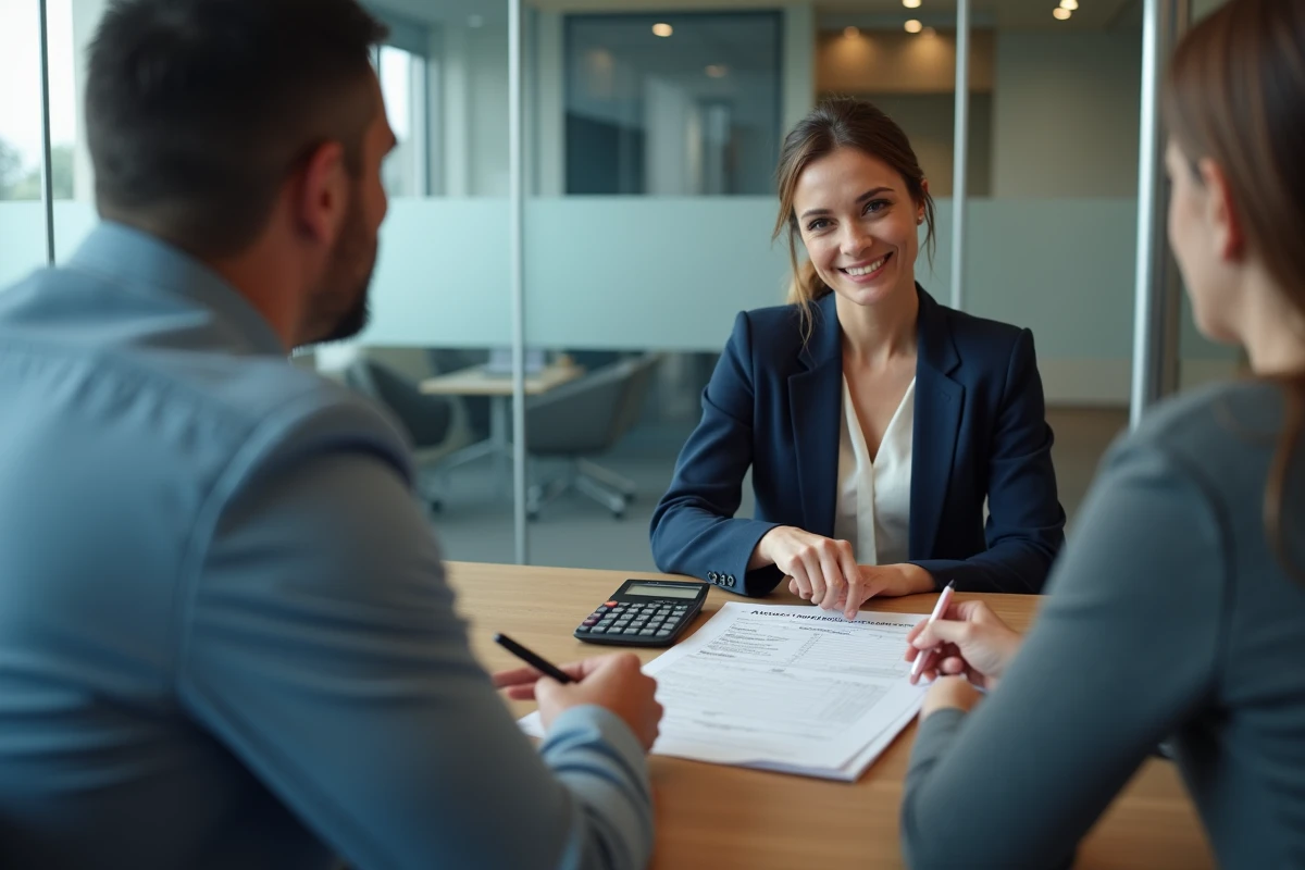 Conseillère bancaire présentant un tableau d'amortissement à un couple lors d'un rendez-vous en agence pour discuter d'une erreur de calcul sur l'IRA