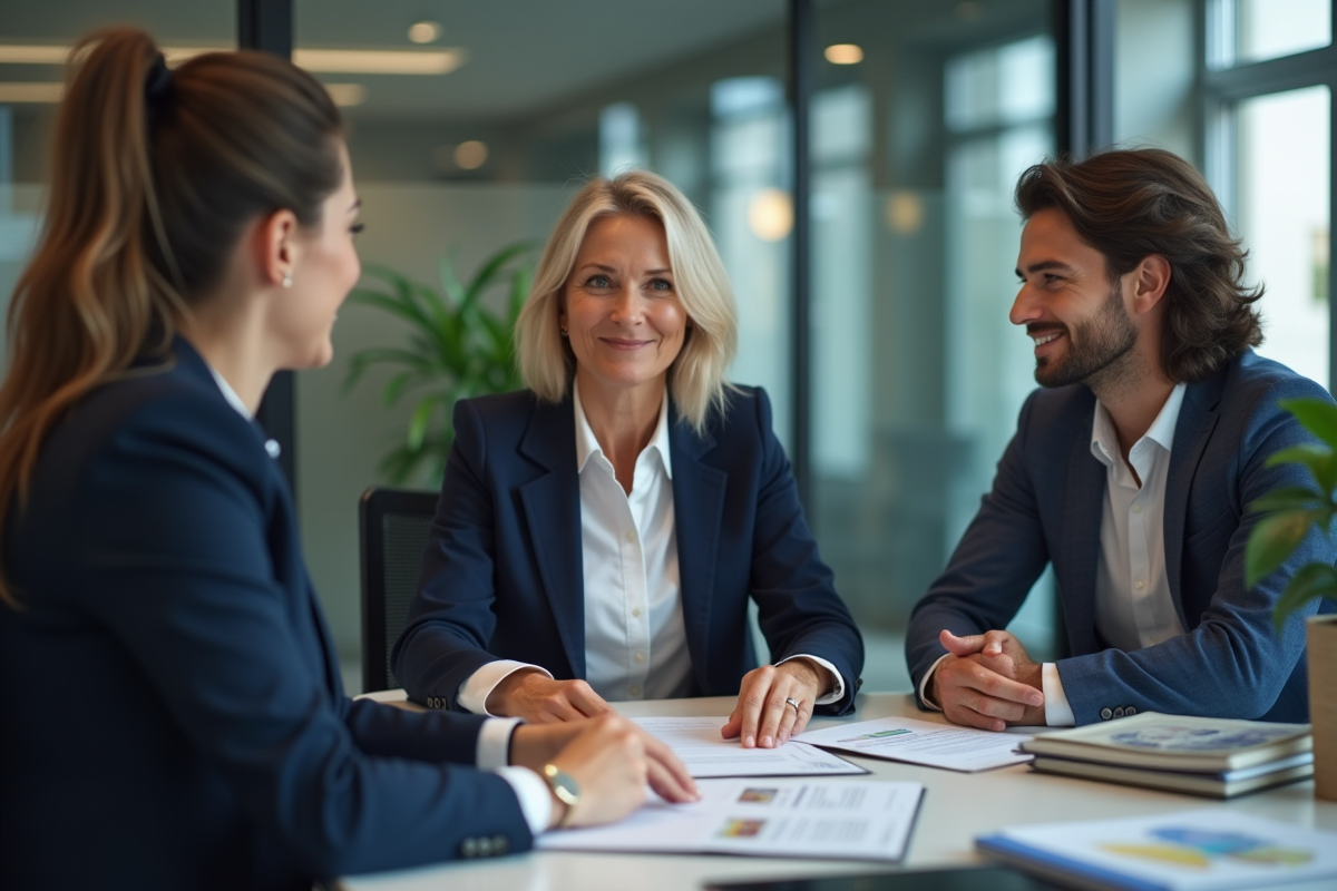 Conseillère immobiliere expliquant des options a un jeune couple dans un bureau