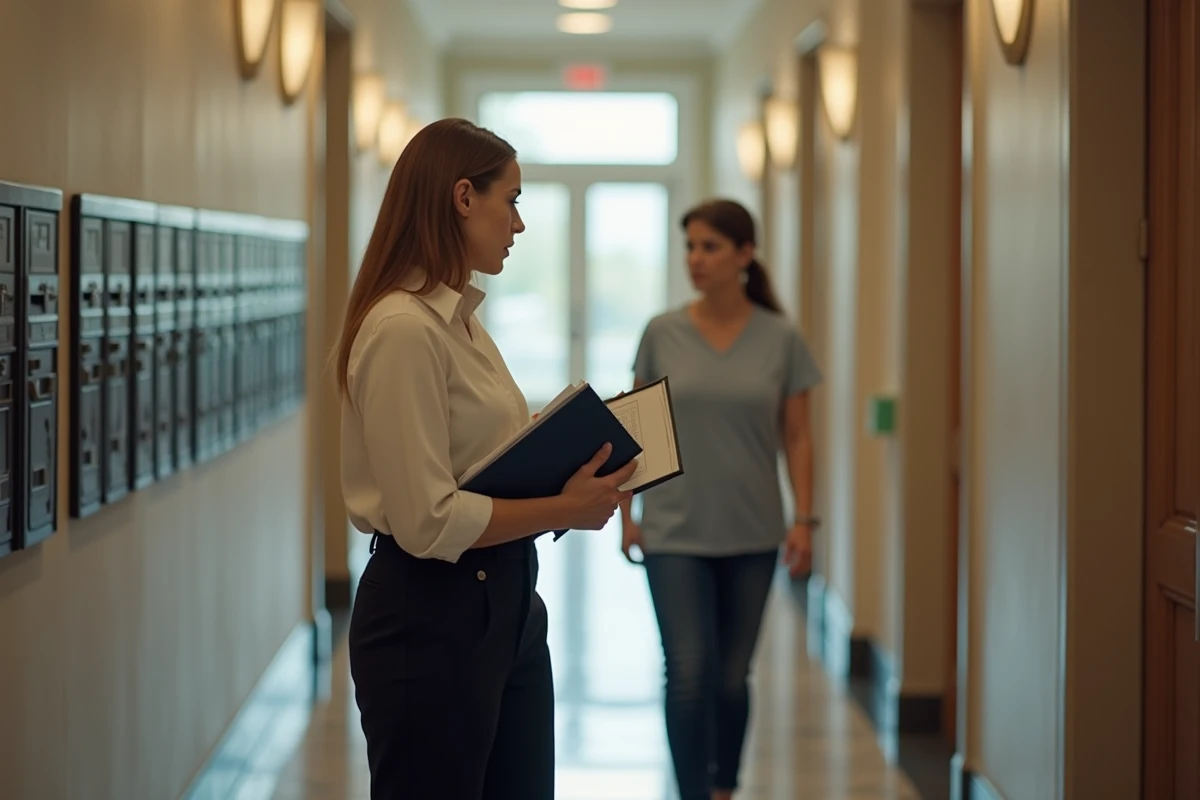 Femme discutant avec résident dans le couloir d