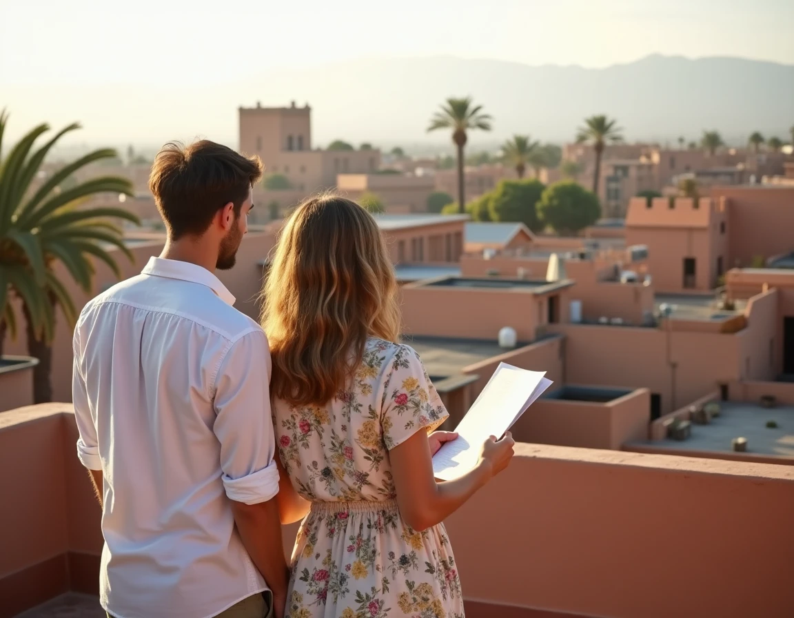 Couple consultant une annonce immobilière sur une terrasse avec vue sur les toits de Marrakech