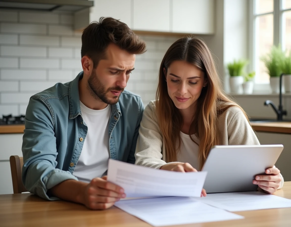 Couple analysant des documents de location et une annonce sur tablette, discutant des promesses du site 123loger autour d'une table