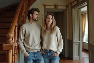 Jeune couple examine un escalier en bois ancien dans un appartement