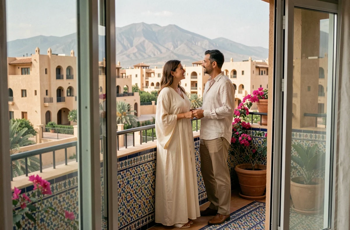 Couple sur le balcon d'un appartement en résidence sécurisée à Marrakech avec vue sur la ville