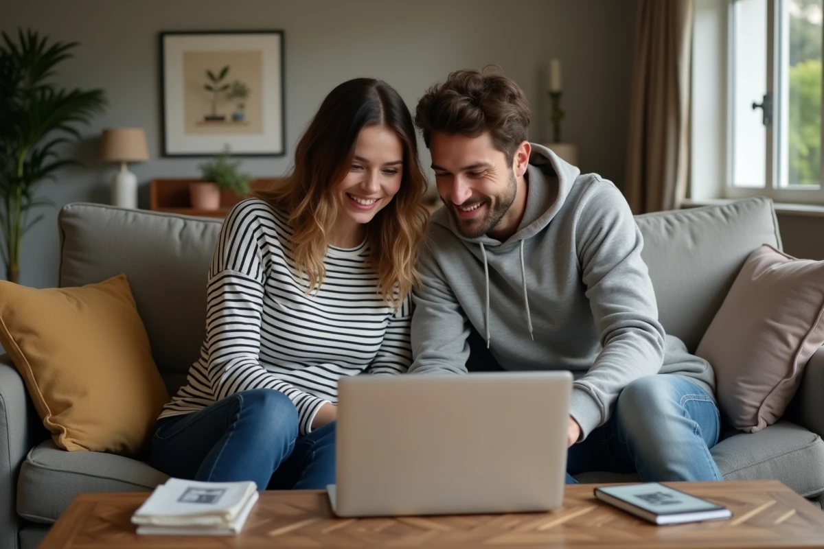 Couple comparant des plateformes de location immobilière sur ordinateur portable dans un salon, analyse des avis sur LOC, LeBonCoin et PAP