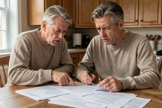 Couple inquiet consultant des documents immobiliers à la table de cuisine suite à la faillite d'un promoteur immobilier