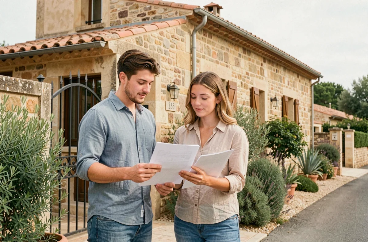 Couple de locataires examinant un dossier de location devant une maison en pierre typique de Béziers