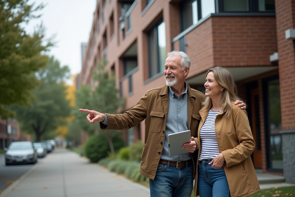 Couple évaluant un immeuble résidentiel dans le cadre d'un projet de rente immobilière sans apport