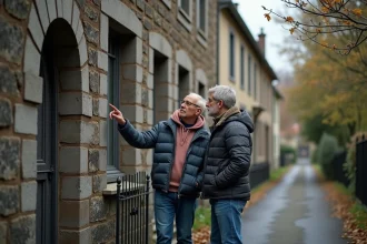 Couple examinant la façade d'une maison en mâchefer dans un quartier résidentiel français, mur en laitier industriel apparent