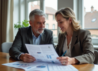 Couple d'adultes en réunion immobiliere dans un appartement lumineux