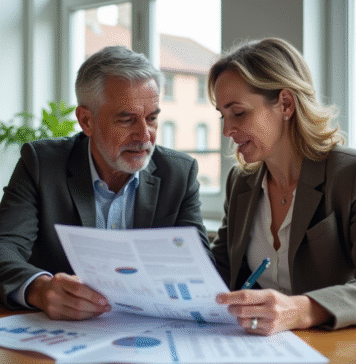 Couple d'adultes en réunion immobiliere dans un appartement lumineux