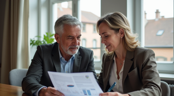 Prolonger efficacement la durée du Pinel : nos astuces à connaître ! Couple d'adultes en réunion immobiliere dans un appartement lumineux