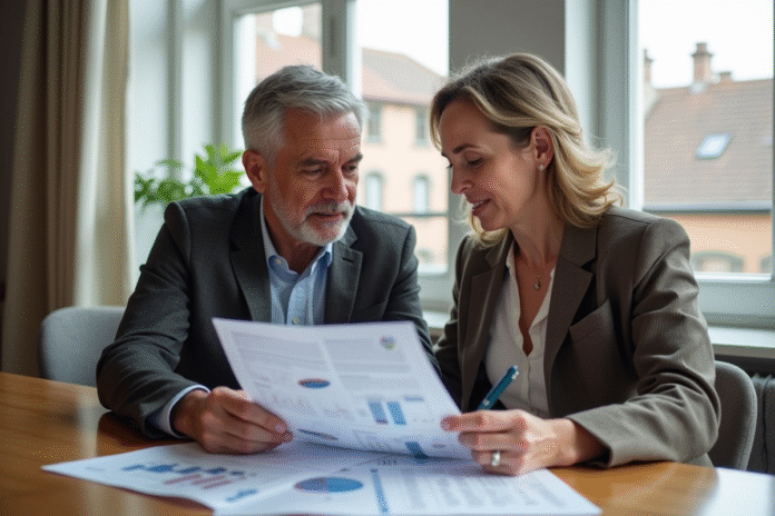 couple-immobilier-dossier Couple d'adultes en réunion immobiliere dans un appartement lumineux