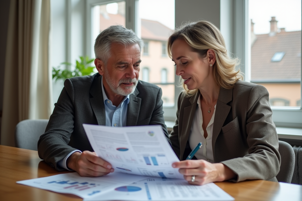 Couple d'adultes en réunion immobiliere dans un appartement lumineux