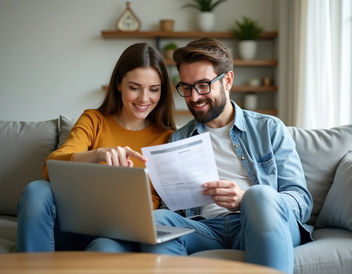 Couple consultant et imprimant des quittances de loyer depuis le portail MyFoncia mes documents sur un ordinateur portable dans leur salon