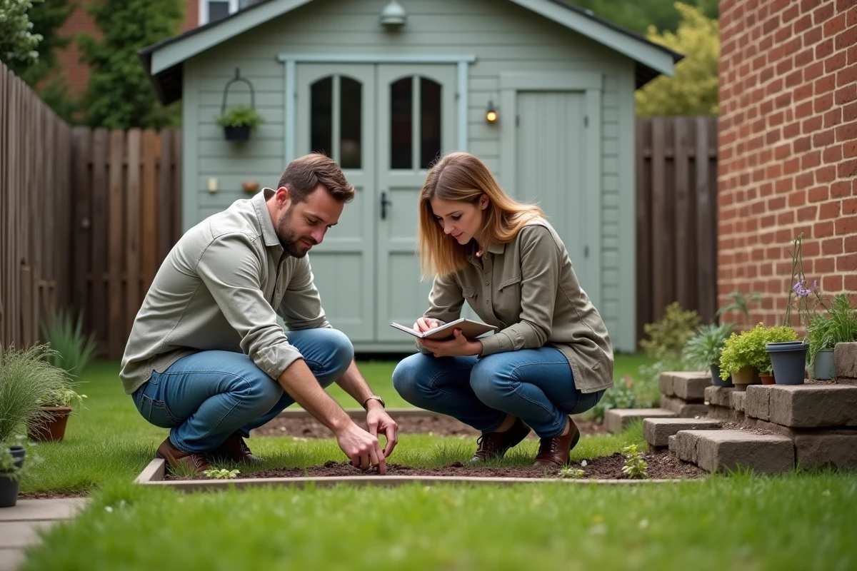 Couple inspectant le jardin d'une petite maison en location, évaluant l'état des clôtures et du terrain