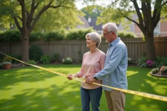 Couple regardant un mètre dans un jardin spacieux