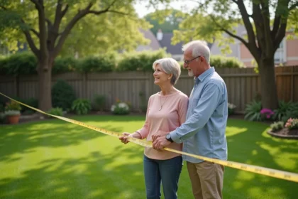 Couple regardant un mètre dans un jardin spacieux