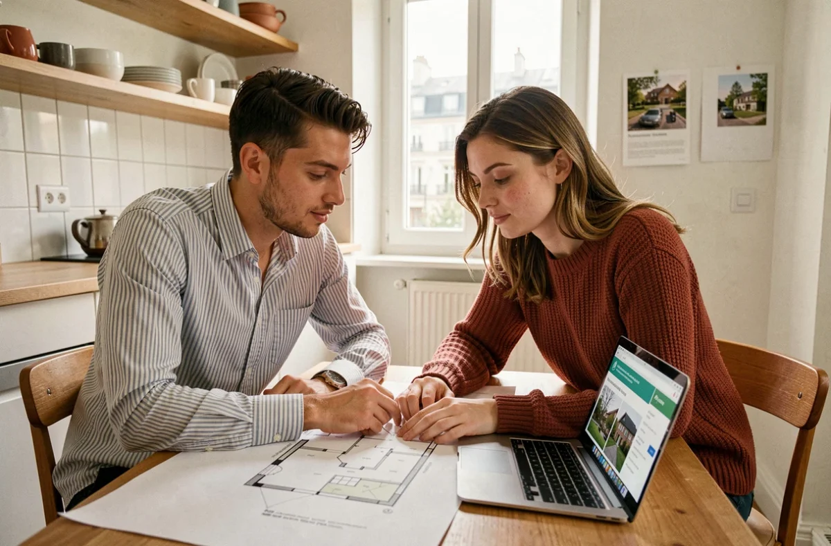 Deux jeunes actifs étudiant un plan d'appartement et un site d'aide au logement 1 pour cent dans leur cuisine parisienne