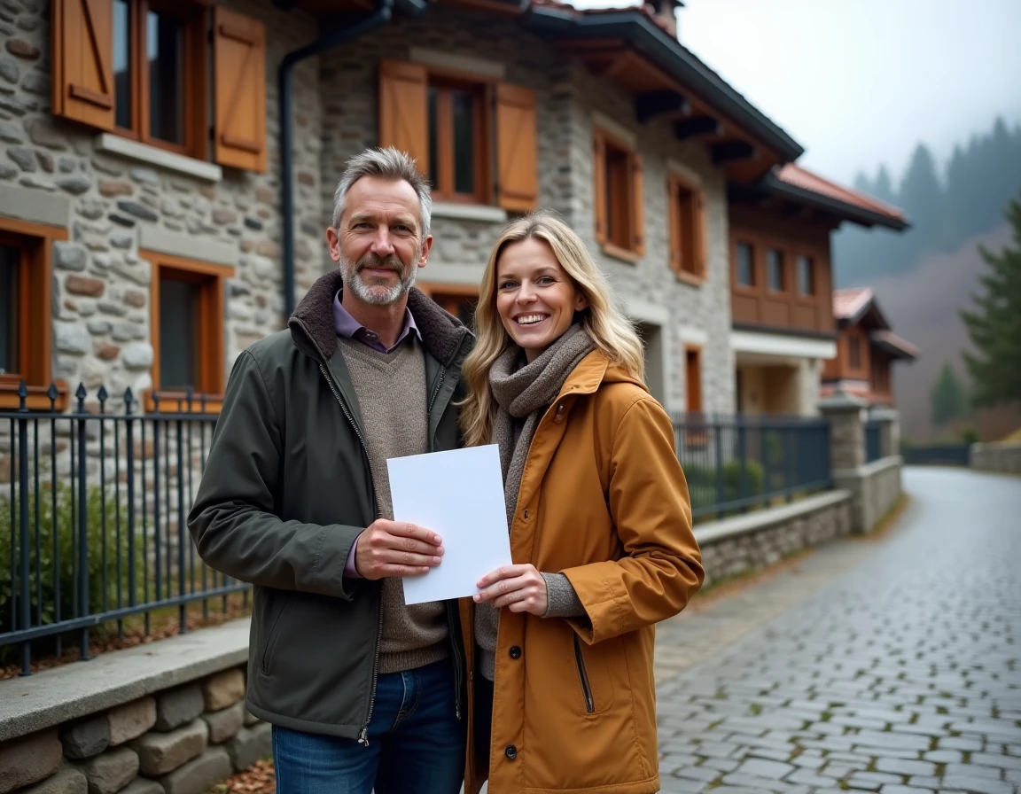 Couple devant une maison en pierre à vendre dans un village andorran entouré de montagnes boisées