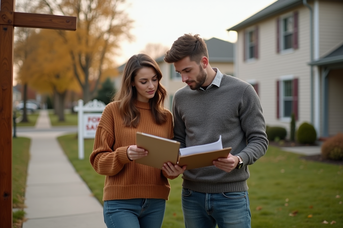 Jeune couple regarde un panneau vente maison devant une maison