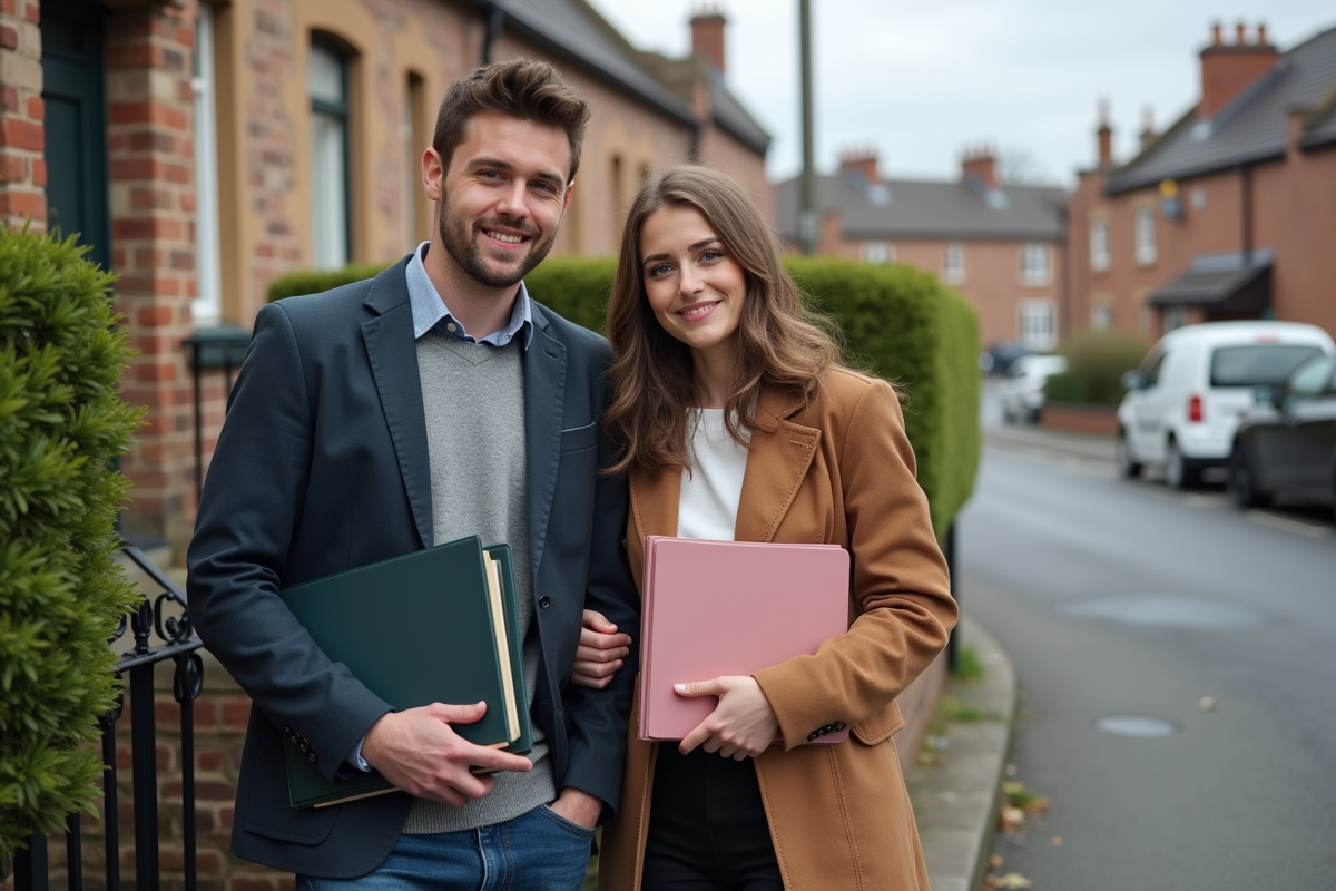 Jeune couple posant avec dossiers de prêt immobilier