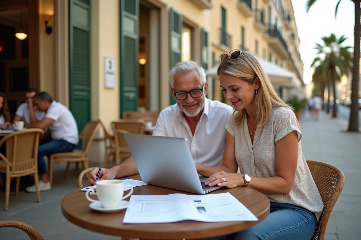Couple étudiant des documents immobiliers en terrasse de café à Nice pour choisir le bon quartier