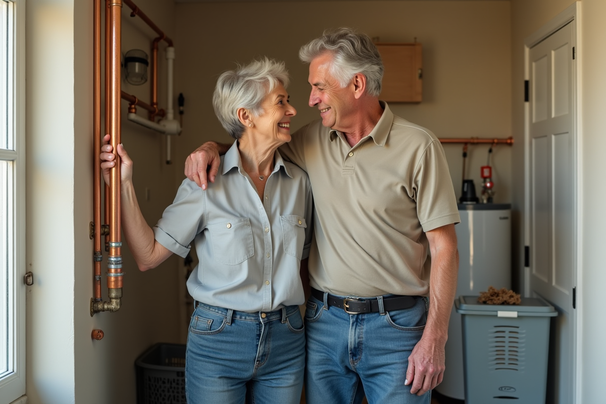 Couple retraité examinant la plomberie en cuivre dans la buanderie